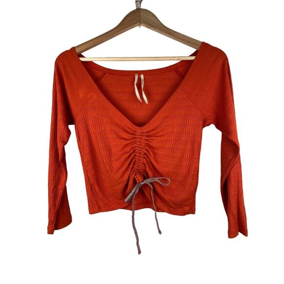Anthropology Women's Size S Orange Deep V-Neck Ruched Long Sleeve Crop Top - Picture 1 of 7